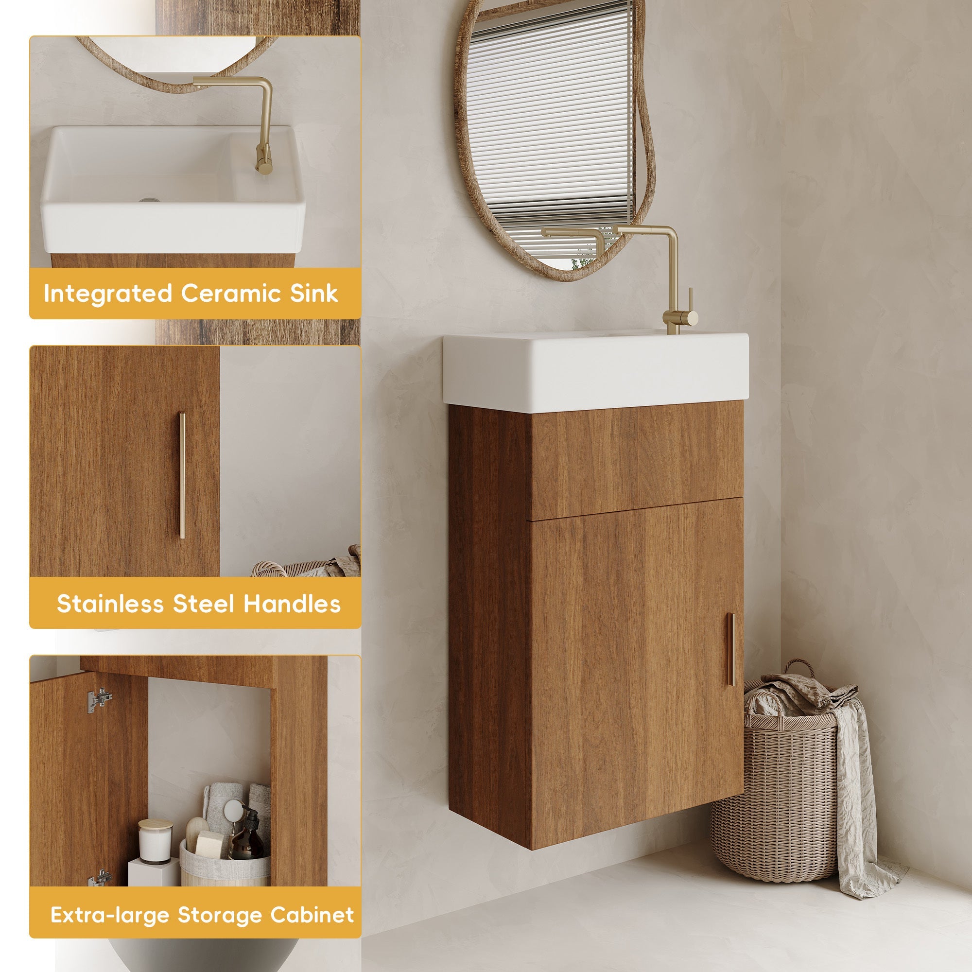 16.5 Inches Modern Floating Bathroom Vanity with Integrated Ceramic Basin Storage