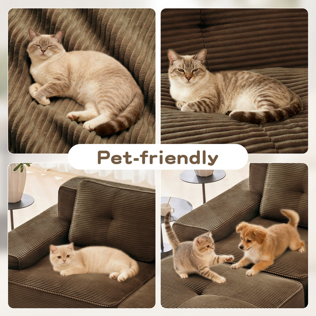 Sectional loveseat L-Shape Corduroy Brown 2 Seat Modular with Ottoman 82 In