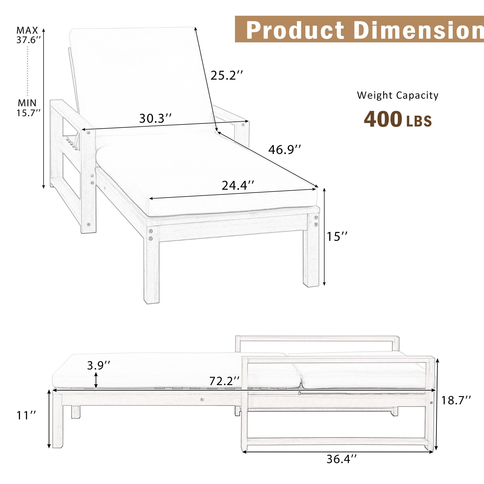 Outdoor Chaise Lounge Acacia Wood Light Teak Beige Cushion 5 Position 2