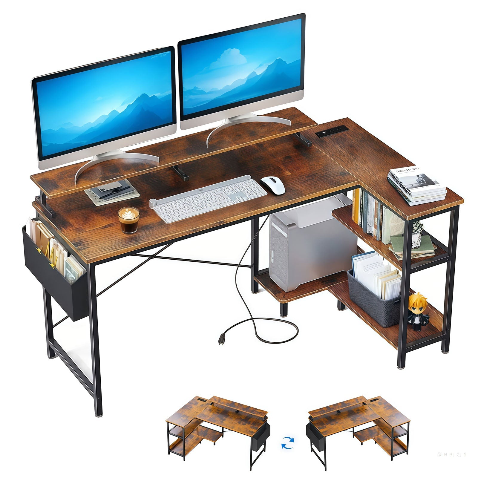 Vintage Black+Brown L Shaped Gaming Desk with Power Outlets, Monitor Stand...