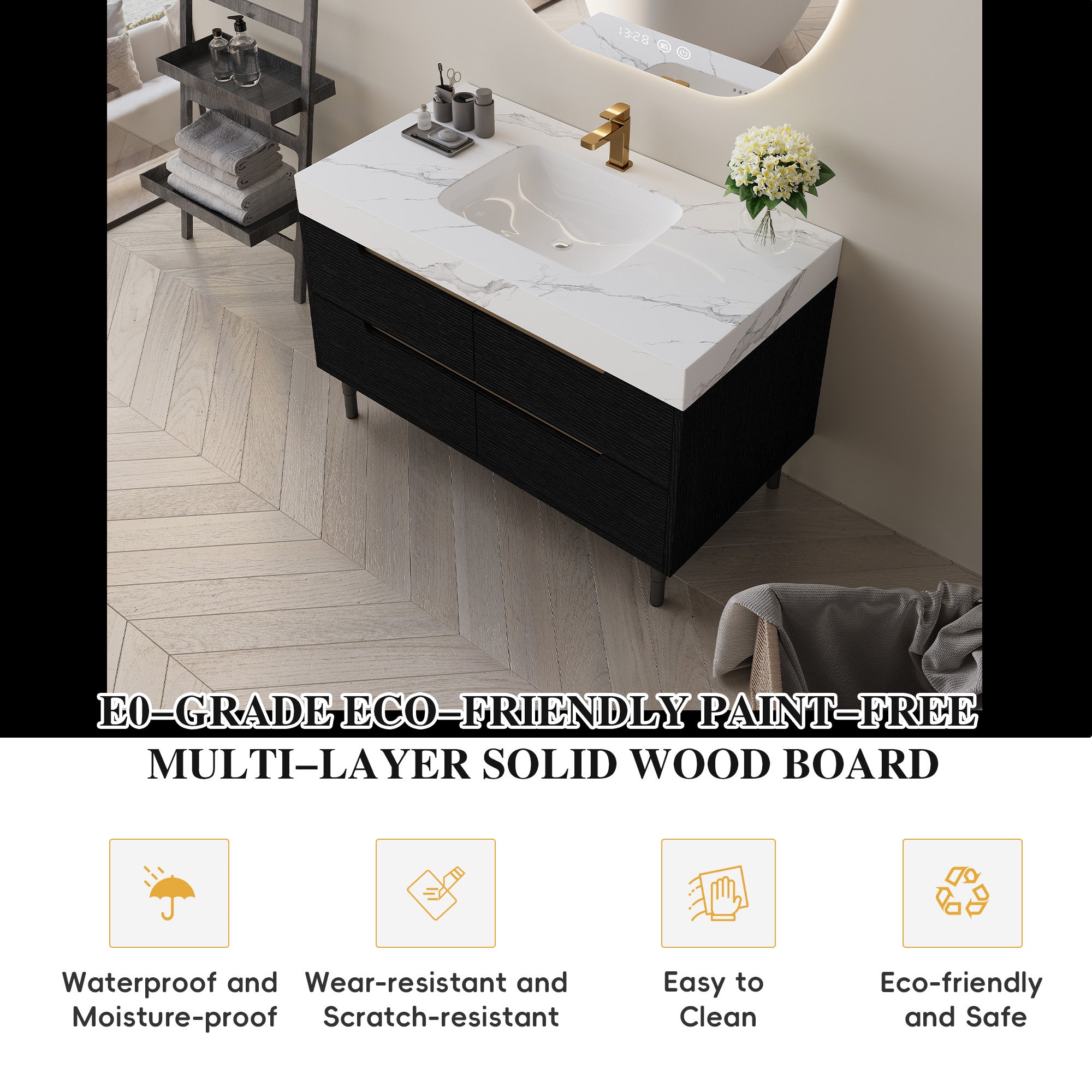 35.4' Modern Bathroom Vanity with Undermount Sink, Sintered Stone Top, Waterp...