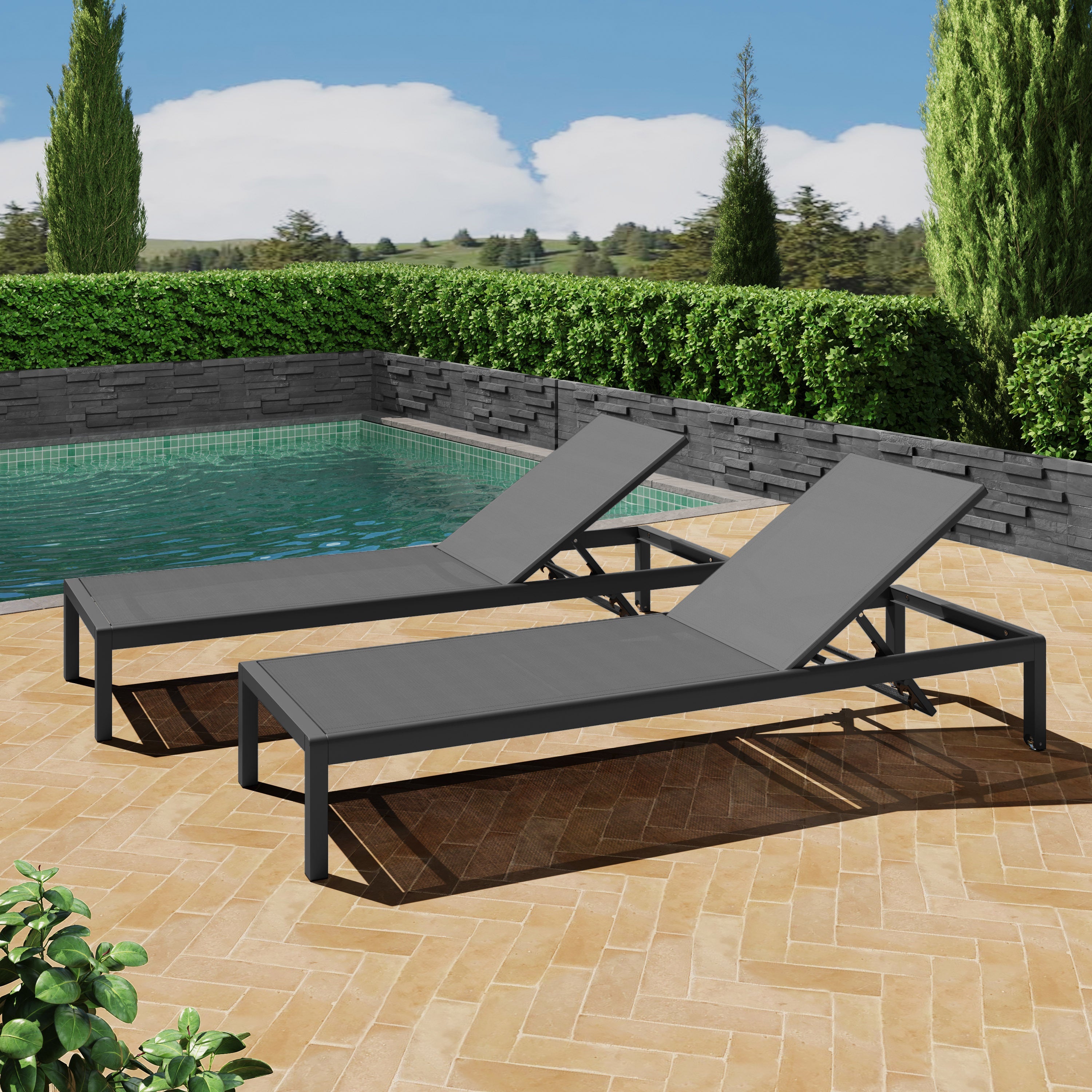 Outdoor Chaise Lounge Mesh Aluminum Black Gray Set of 2 Adjustable 77.5x25 In
