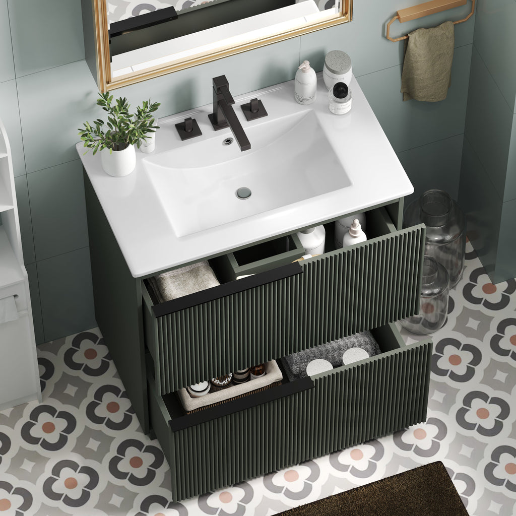 Green Fluted Bathroom Vanity with Ceramic Sink, 30' Full-Extension Drawers, S...