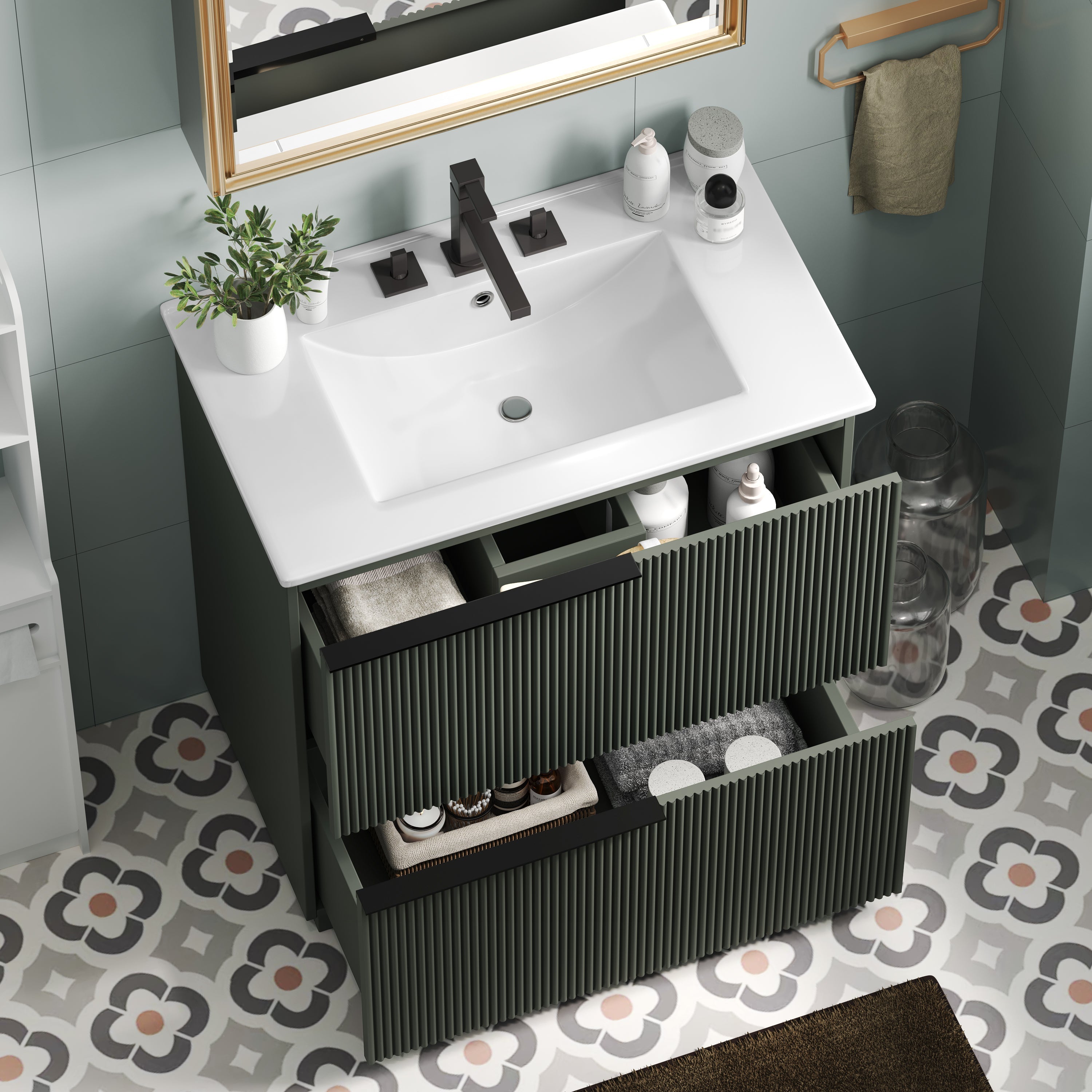 Green Fluted Bathroom Vanity with Ceramic Sink, 30' Full-Extension Drawers, S...