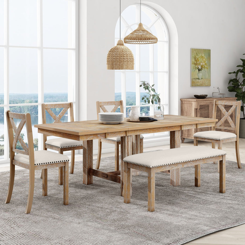 Farmhouse 82inch 6-Piece Extendable Dining Table with Footrest, 4 Upholstered