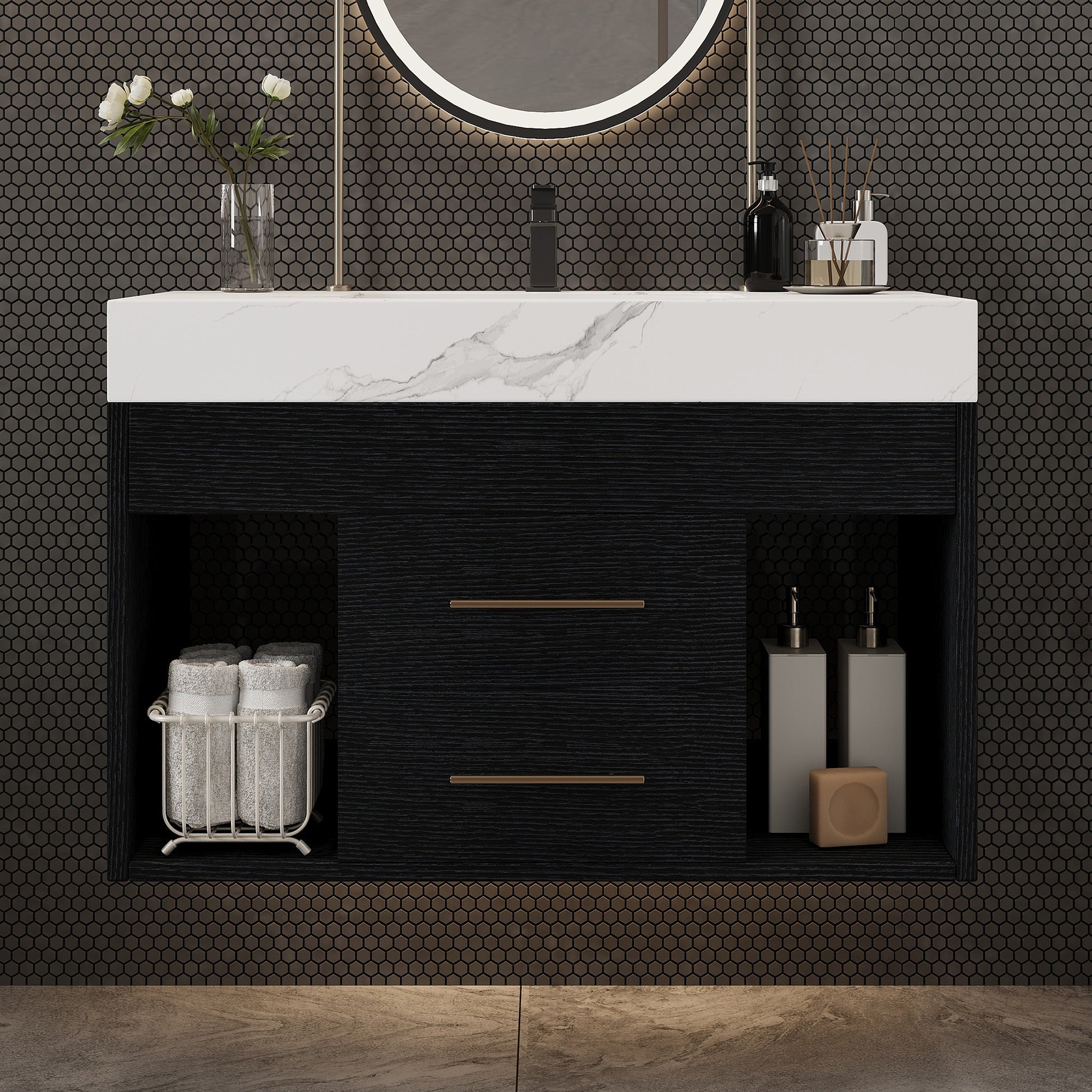 29.9' Modern Floating Bathroom Vanity with Sintered Stone Top Ceramic Undermo...