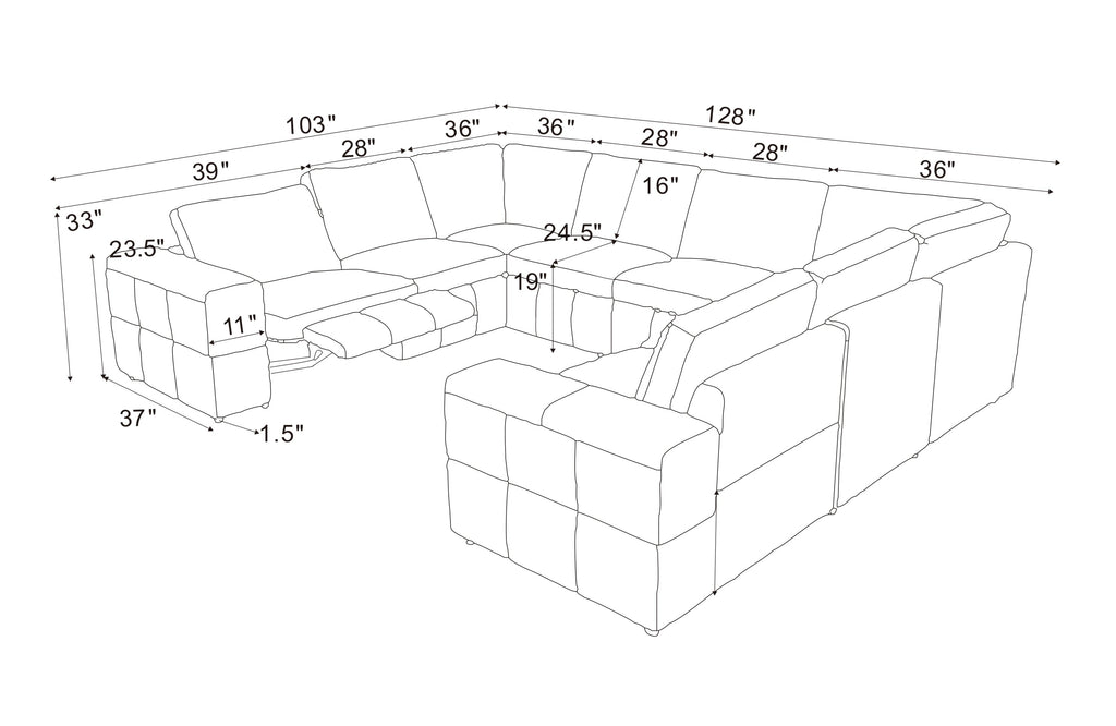 Sectional Sofa Modular Leather Match Ginger 8 Seat 2 Recliners 128 In