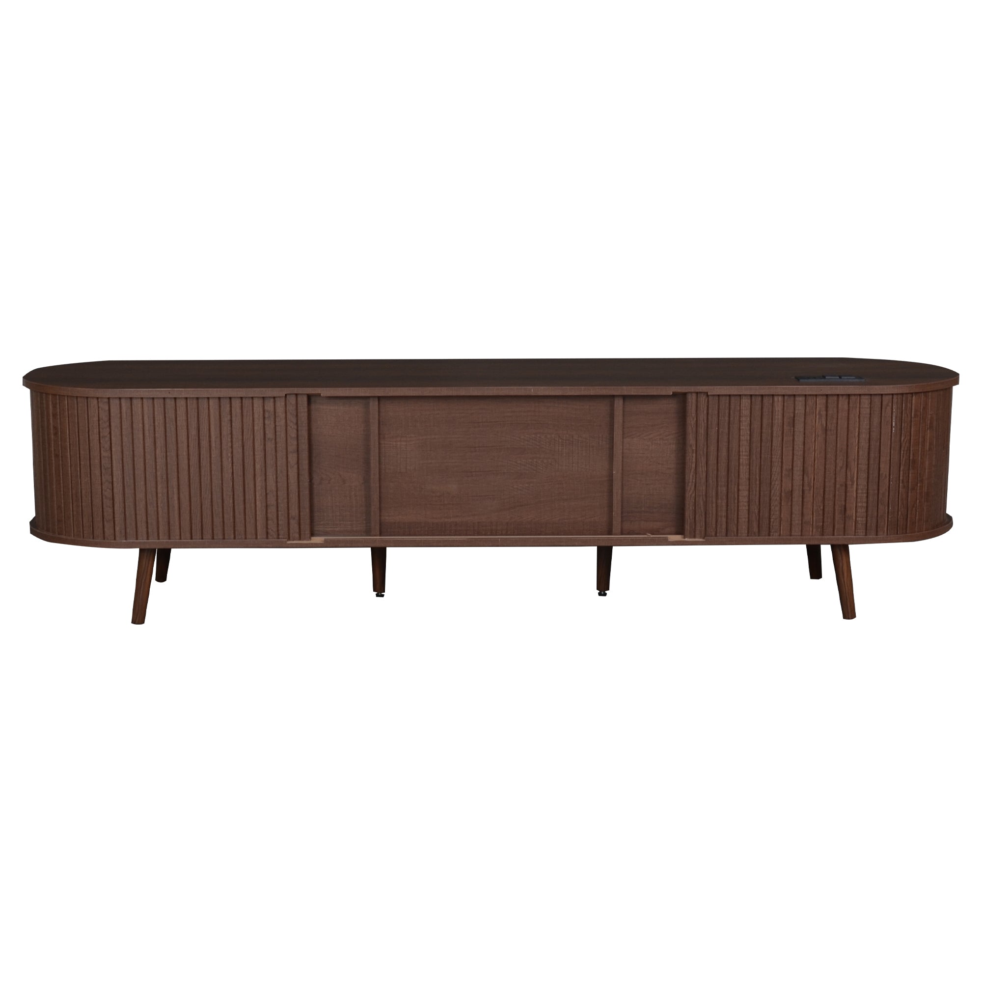TV Stand Mid-Century Dark Brown MDF Tambour Door 2 AC 2 USB Fits 80 In TV