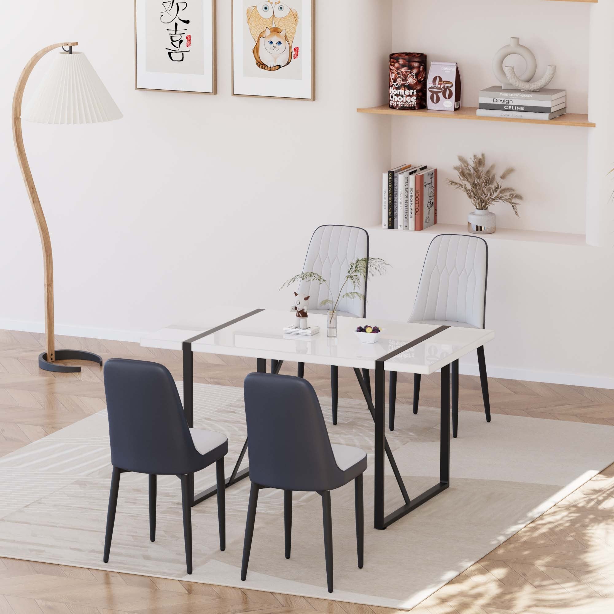 55 '4-person modern MDF dining table set, kitchen black metal leg dining table