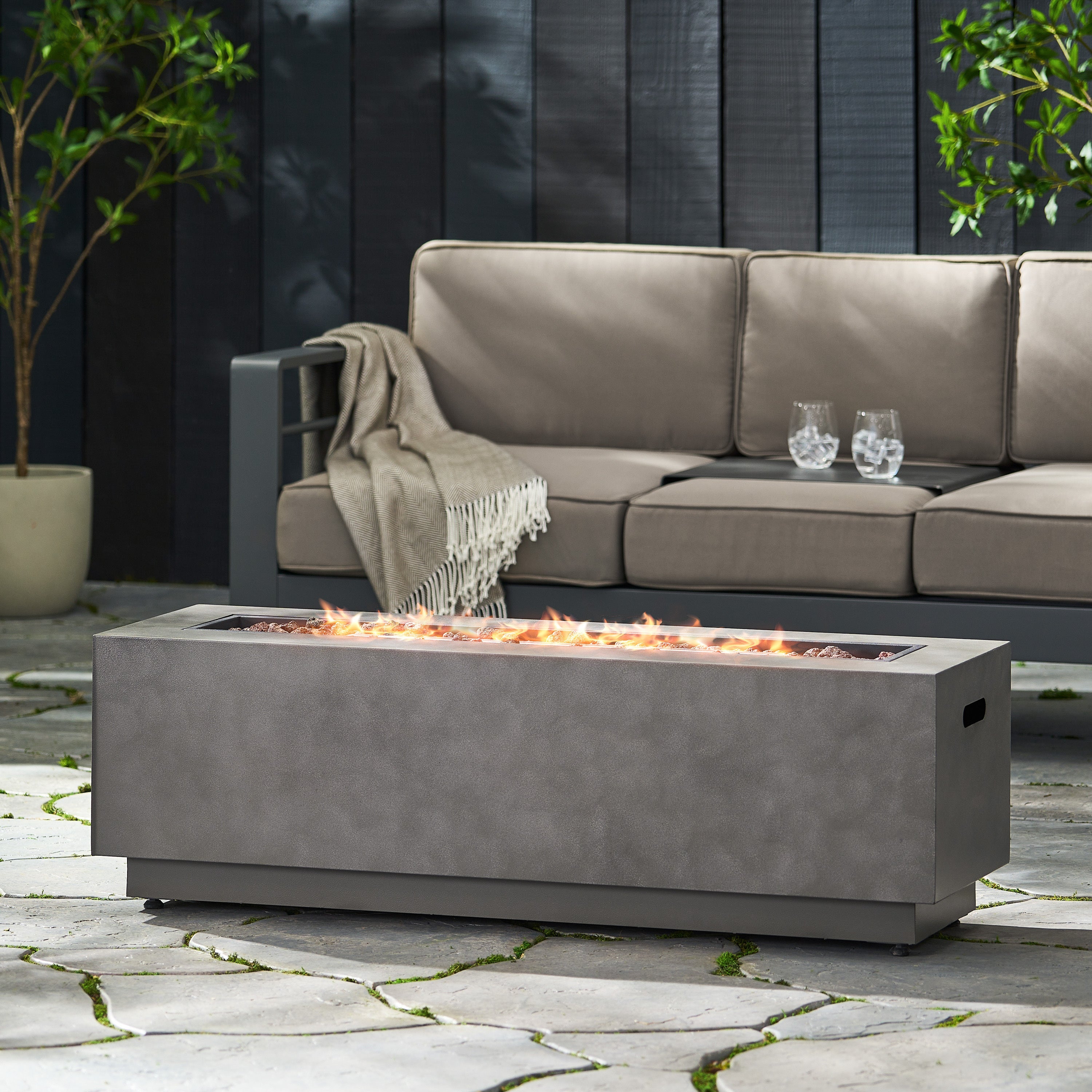 RECTANGULAR IRON FIRE PIT 50,000 BTU WITH TANK HOLDER, Stone Gray