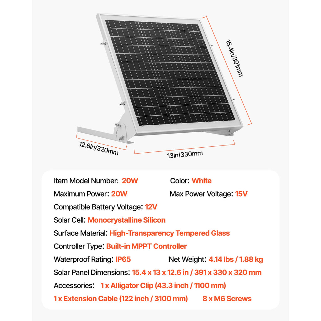 20W 12V Solar Battery Trickle Charger, MPPT Controller, IP65, Car Boat RV