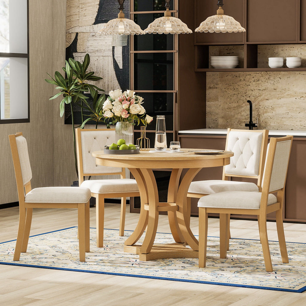 5-Piece Retro Functional Dining Table Set Extendable Round Table and 4