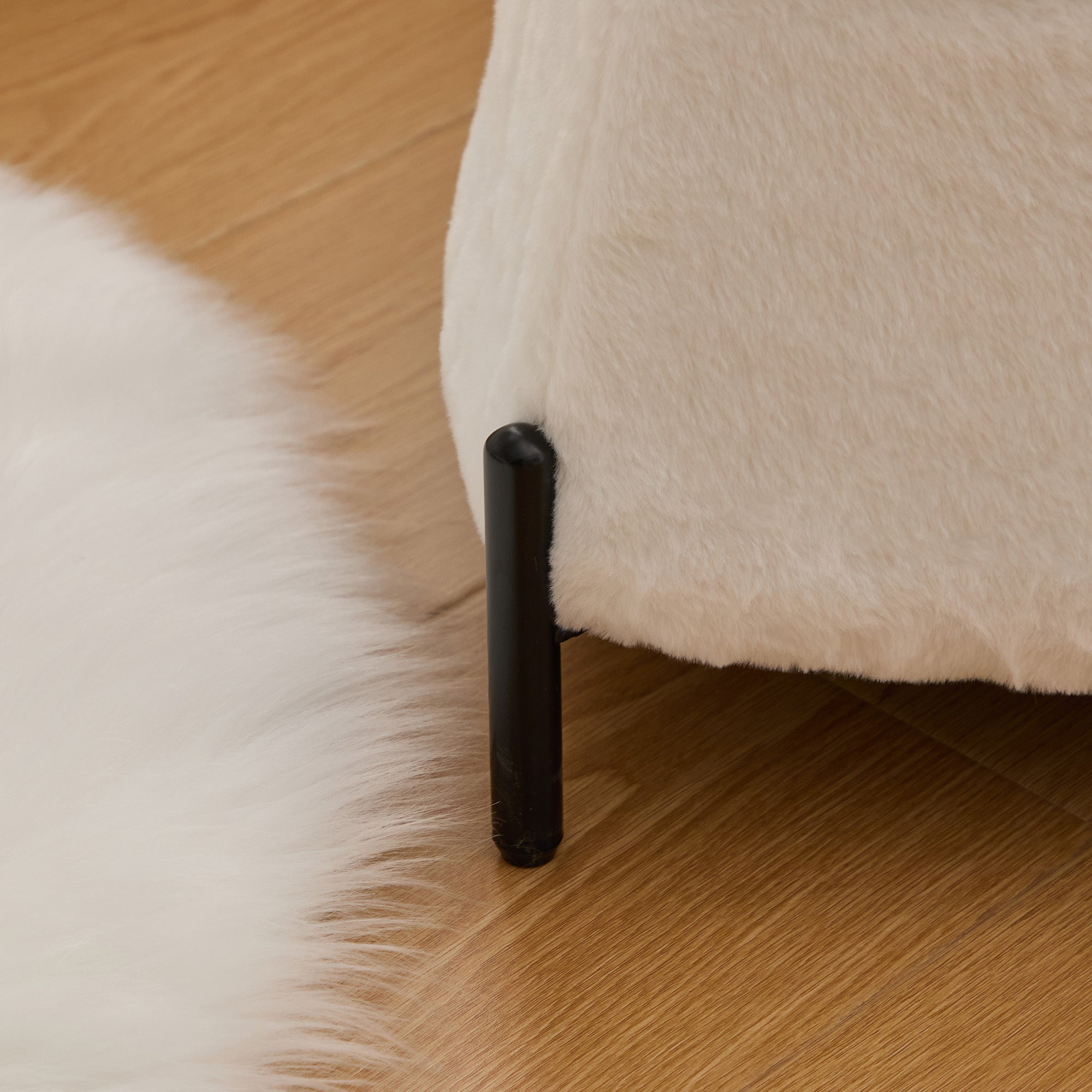 Ivory Faux Fur Upholstered Storage Ottoman Set with Metal Legs