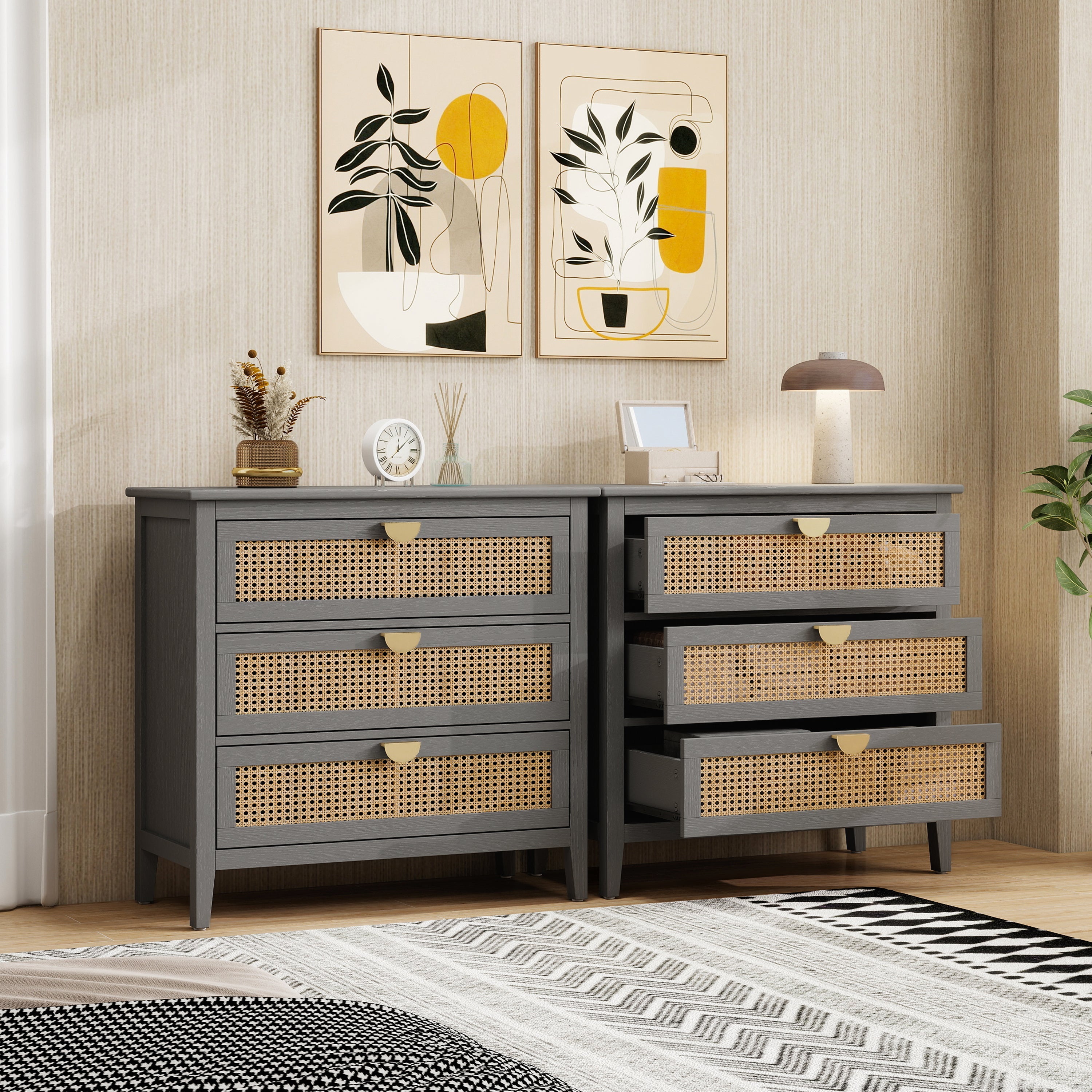 3-Drawer Cabinet - Natural Rattan - Suitable for Bedroom, Living Room, or Study