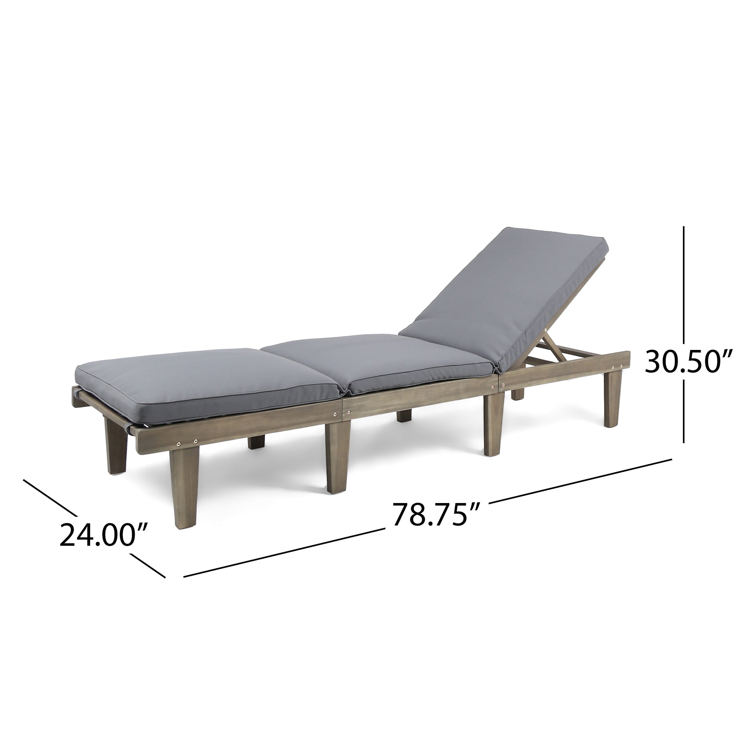 Outdoor Chaise Lounge Acacia Wood Gray Full-Length Cushion 78.75x24x30.5 In