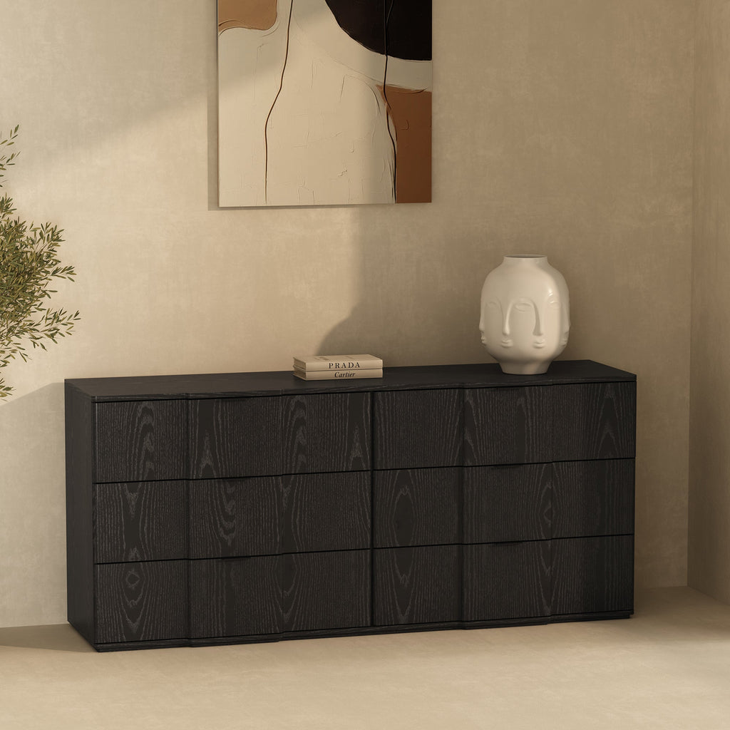 Dresser Modern 6-Drawer Black Gold MDF Sculpted Fronts Metal Handles 72 In