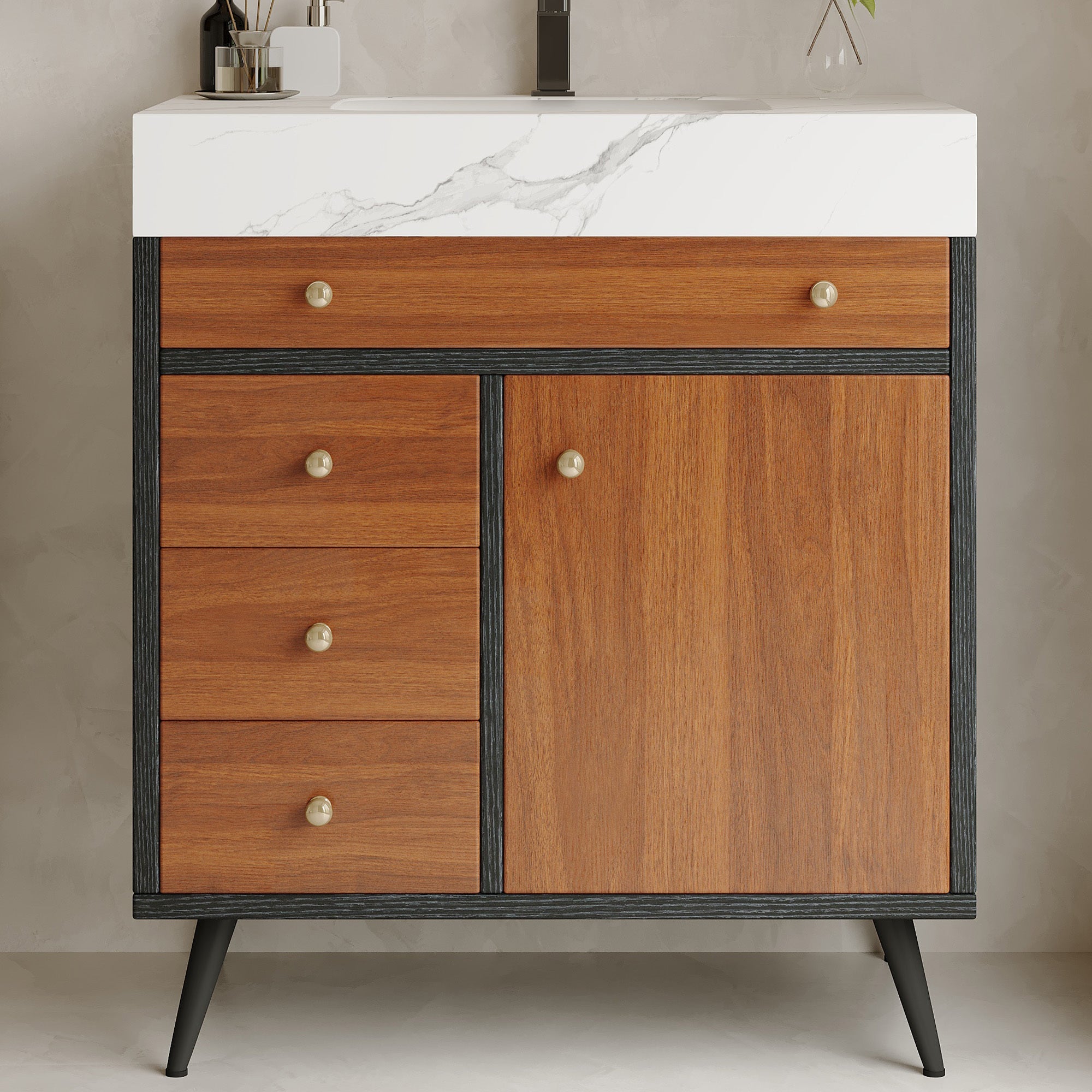 Modern Free-Standing Bathroom Vanity with Ceramic Sink & Sintered Stone Top