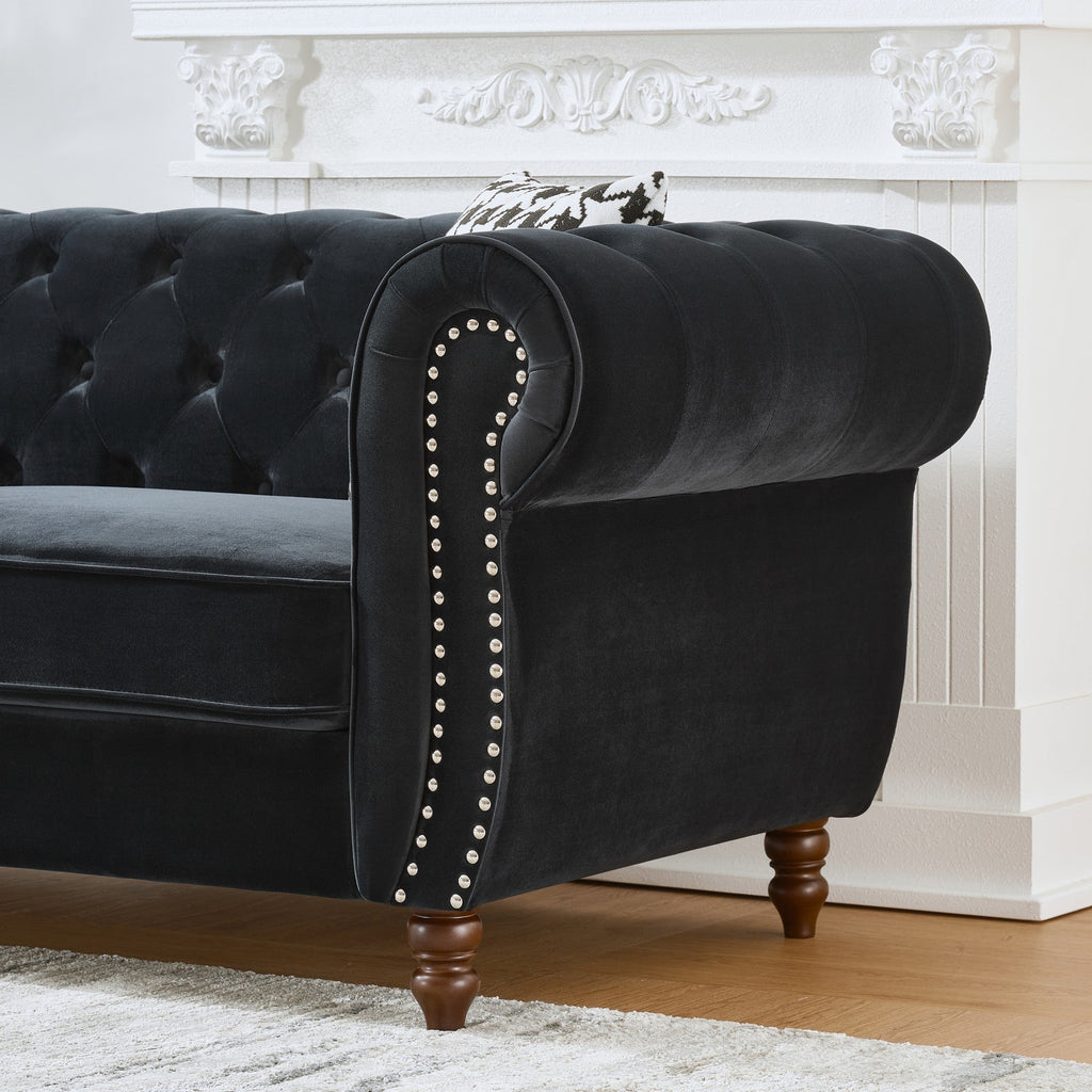 Loveseat Mid-Century Chesterfield Velvet Black 2 Seat Rolled Arms 67 In 450 LB