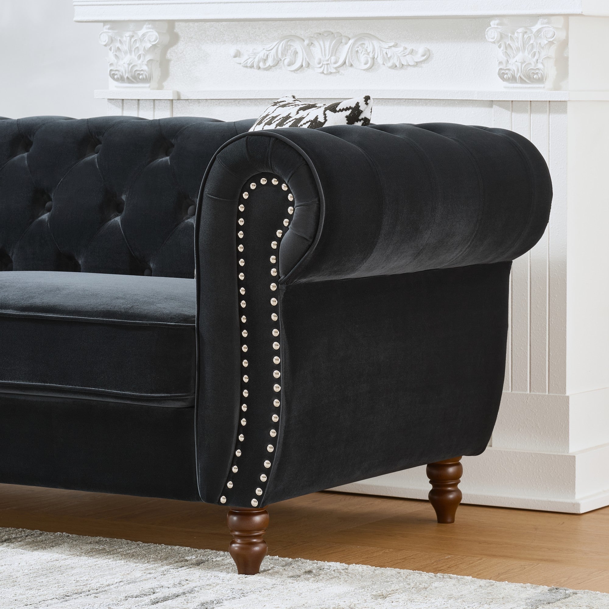 Loveseat Mid-Century Chesterfield Velvet Black 2 Seat Rolled Arms 67 In 450 LB