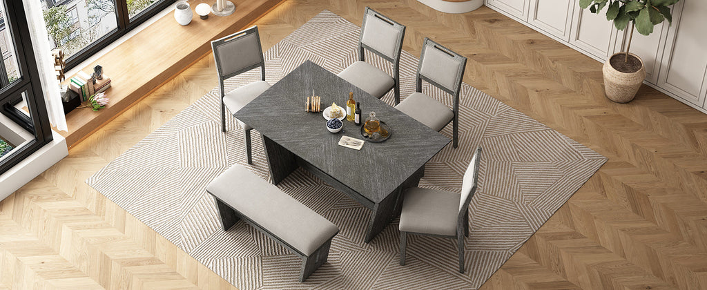 6-Piece Retro Dining Table Set for 6, 60' Wood Kitchen Table and Chairs Set of