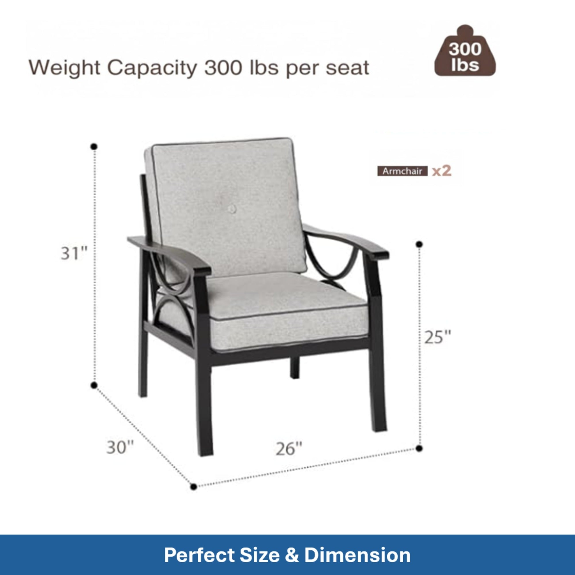 Outdoor Patio Set Metal Black Gray Cushion 4 Piece Seats 5