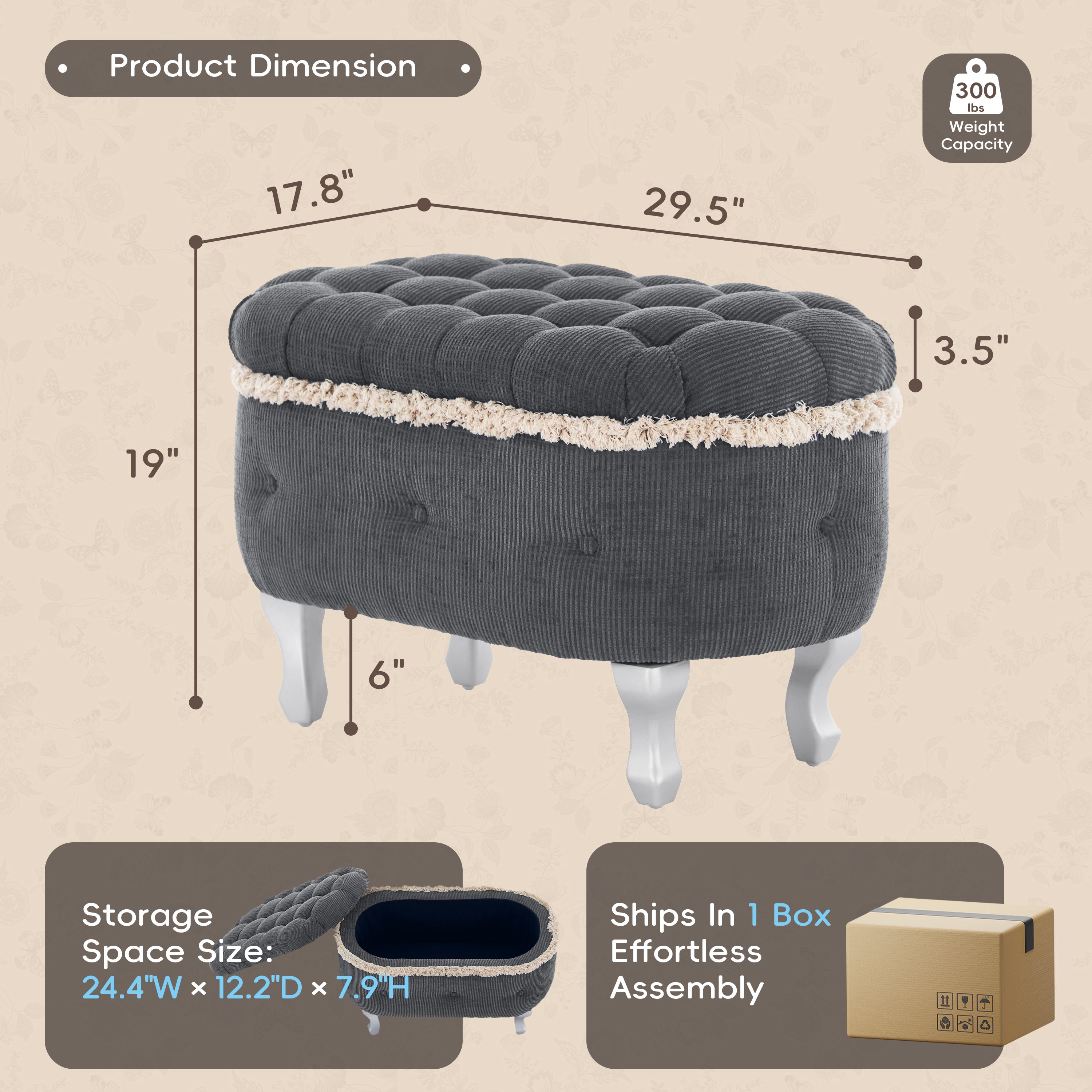Storage Bench Tufted Gray Fabric Tassel Trim Flip Top 29.5x17.8x19 In