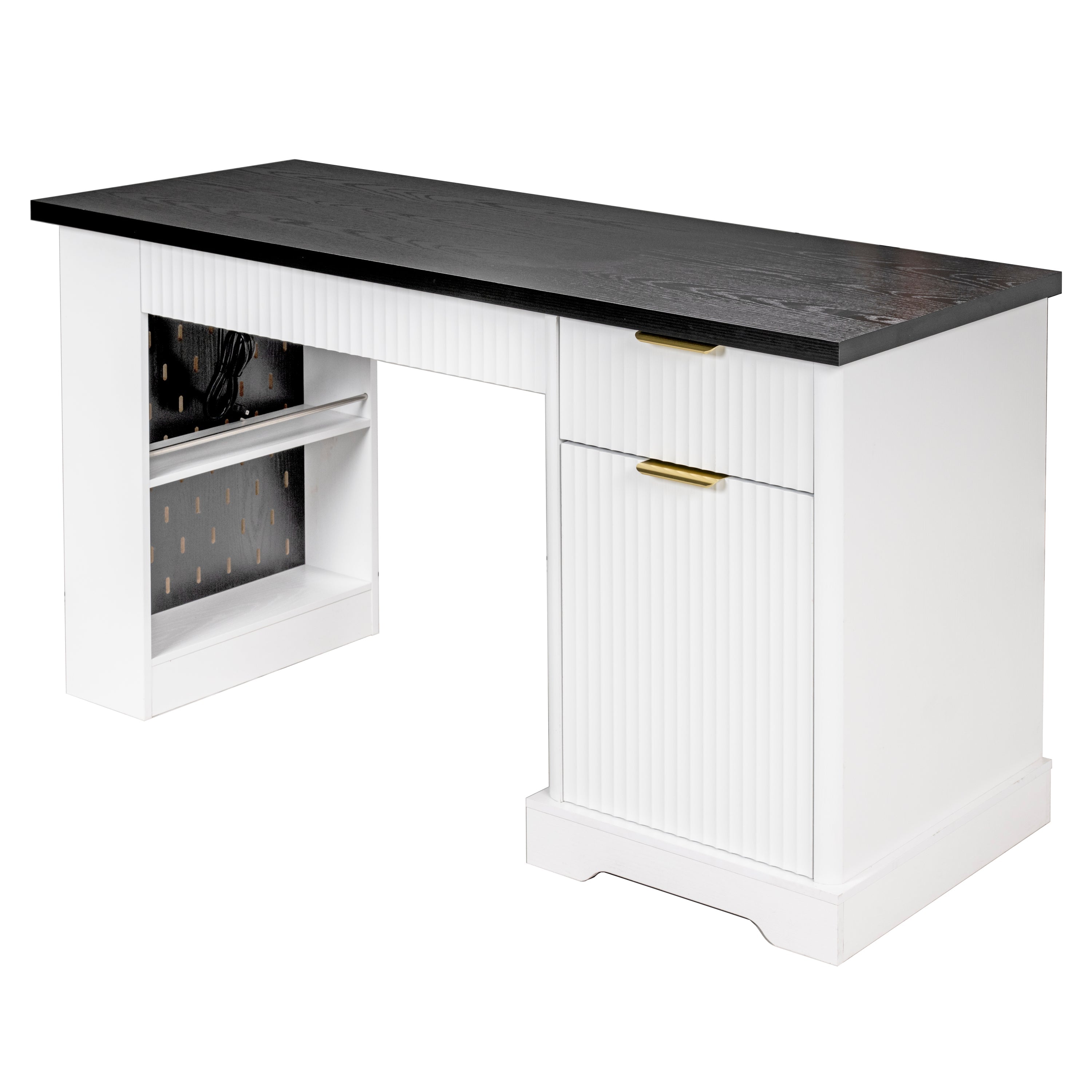 55' Modern Fluted Office Desk with Storage Cabinet and Drawers, Computer Writ...