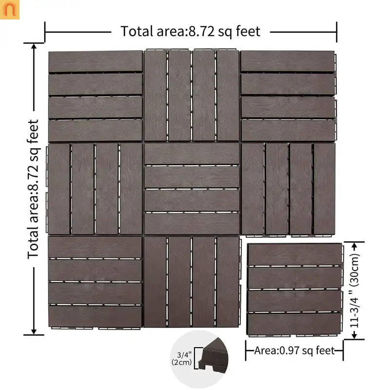 Outdoor Deck Tiles Interlocking Plastic Dark Brown 12x12 in Pack of 9