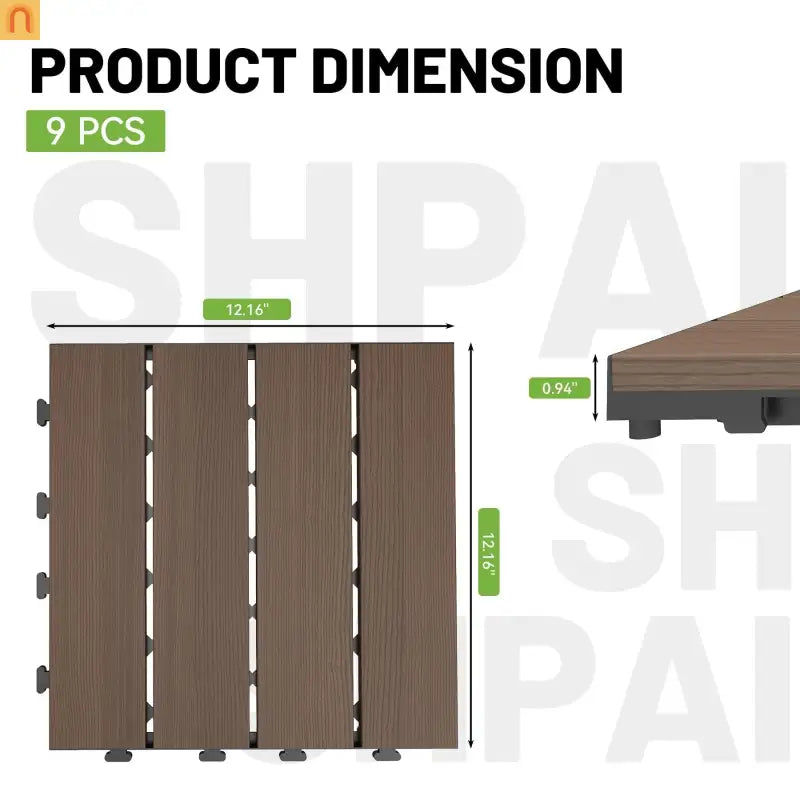 Outdoor Deck Tiles HDPE Dark Brown Interlocking 12x12in 9 Piece