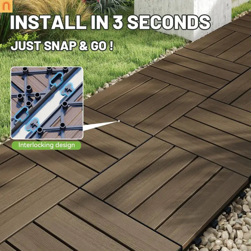 Outdoor Deck Tiles HDPE Dark Brown Interlocking 12x12in 9 Piece