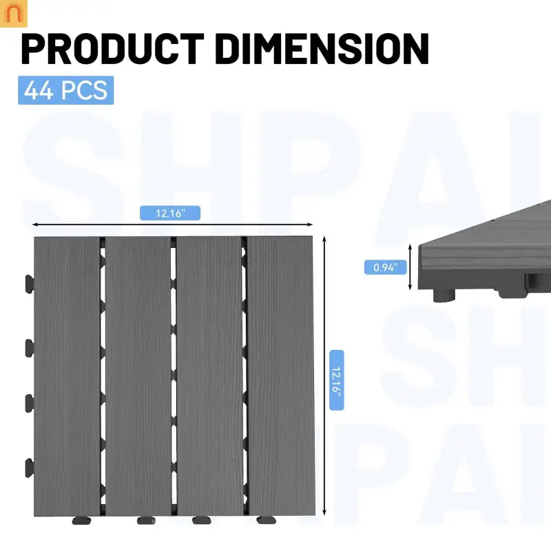 Outdoor Deck Tiles HDPE Dark Gray Interlocking 12x12in 44 Piece