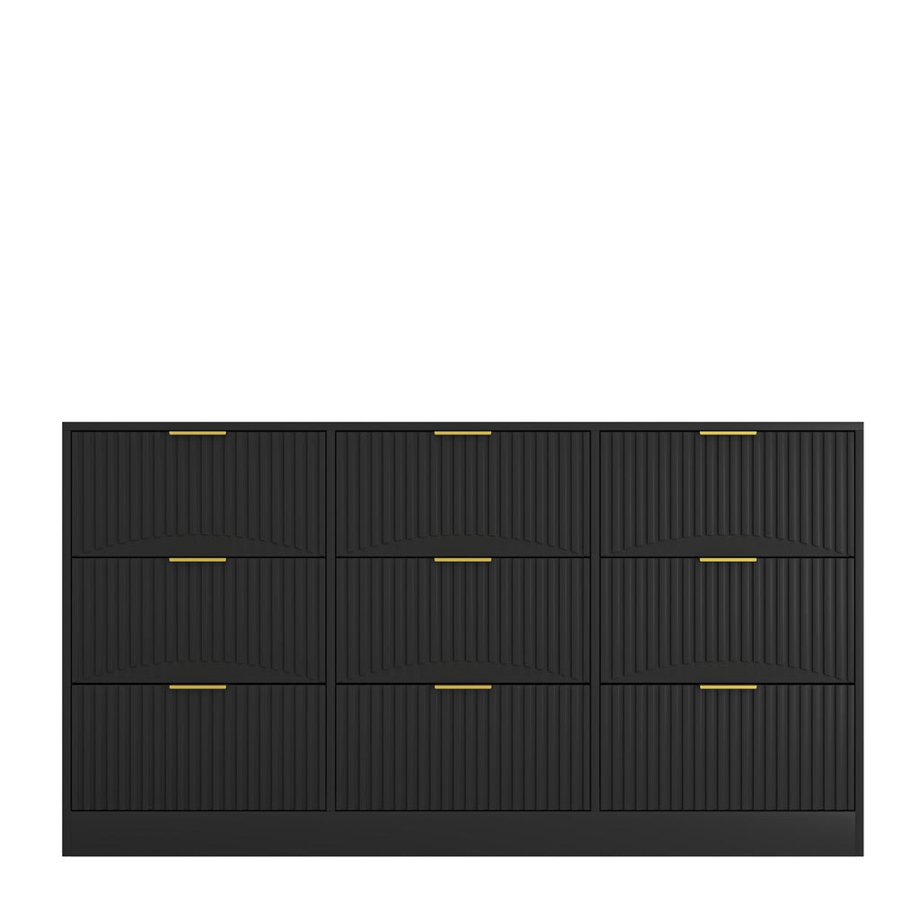 Dresser Classic 9-Drawer Black Particle Board Gold Handles 63x15.74 In