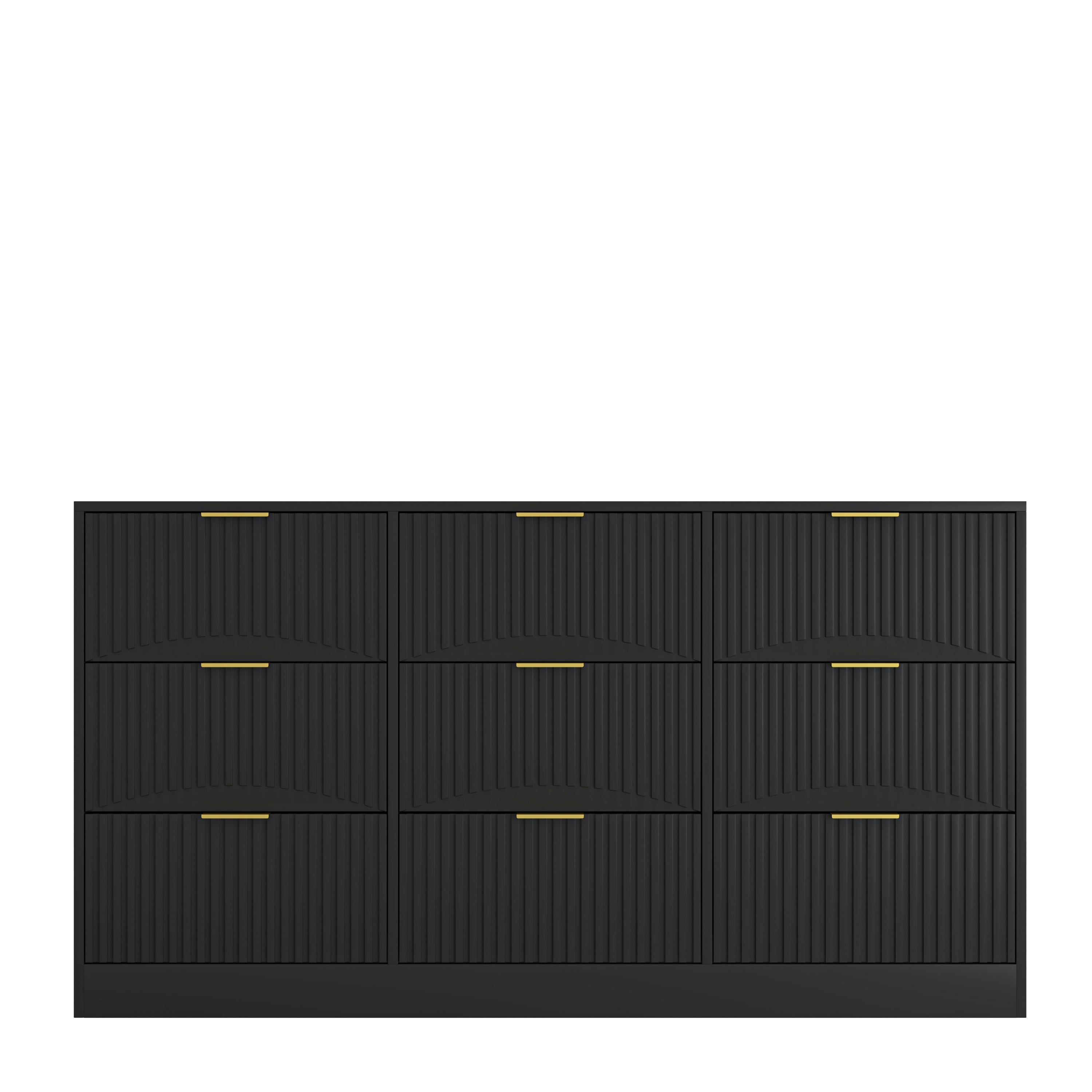 Dresser Classic 9-Drawer Black Particle Board Gold Handles 63x15.74 In