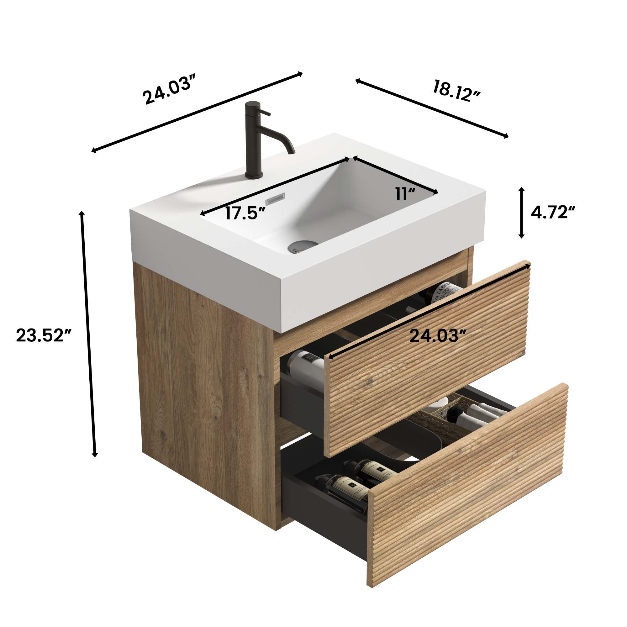 24' Rough Oak Bathroom Vanity with White Glossy Engineered Quartz Sink Soft Drawers