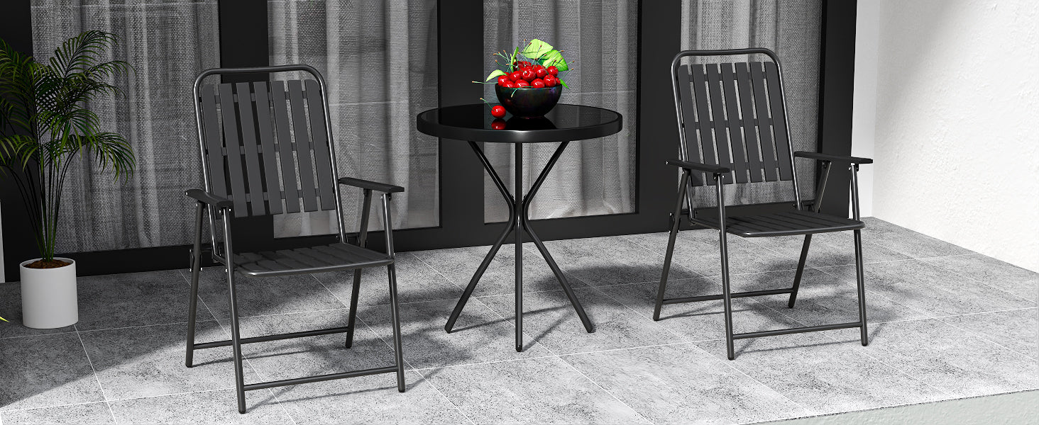 Outdoor Patio Set Metal WPC Black 3 Piece Folding Chairs Glass Table 350 LB
