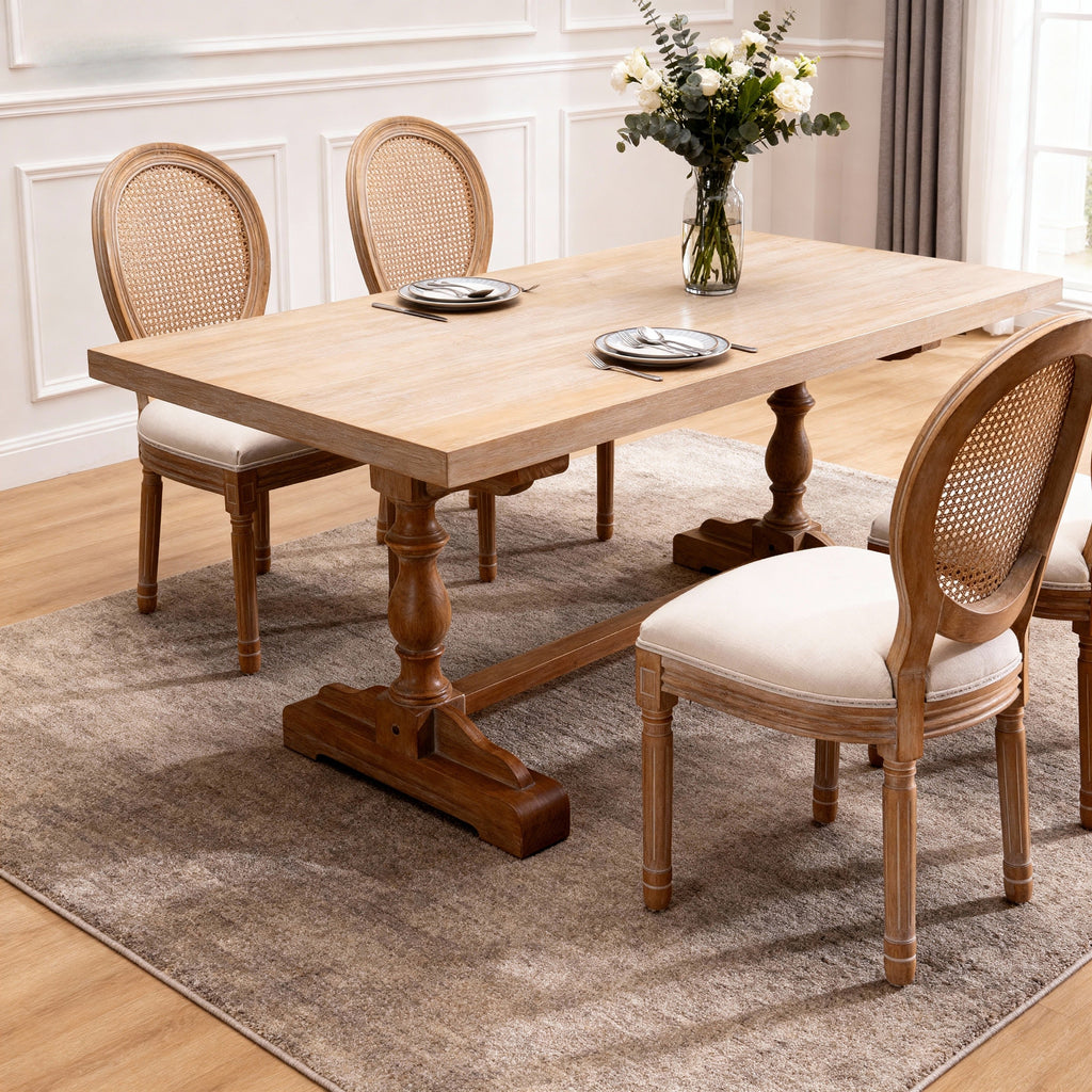 French Style Solid Wood Linen Fabric Rattan Back Dining Chair, Set of 2, Beige
