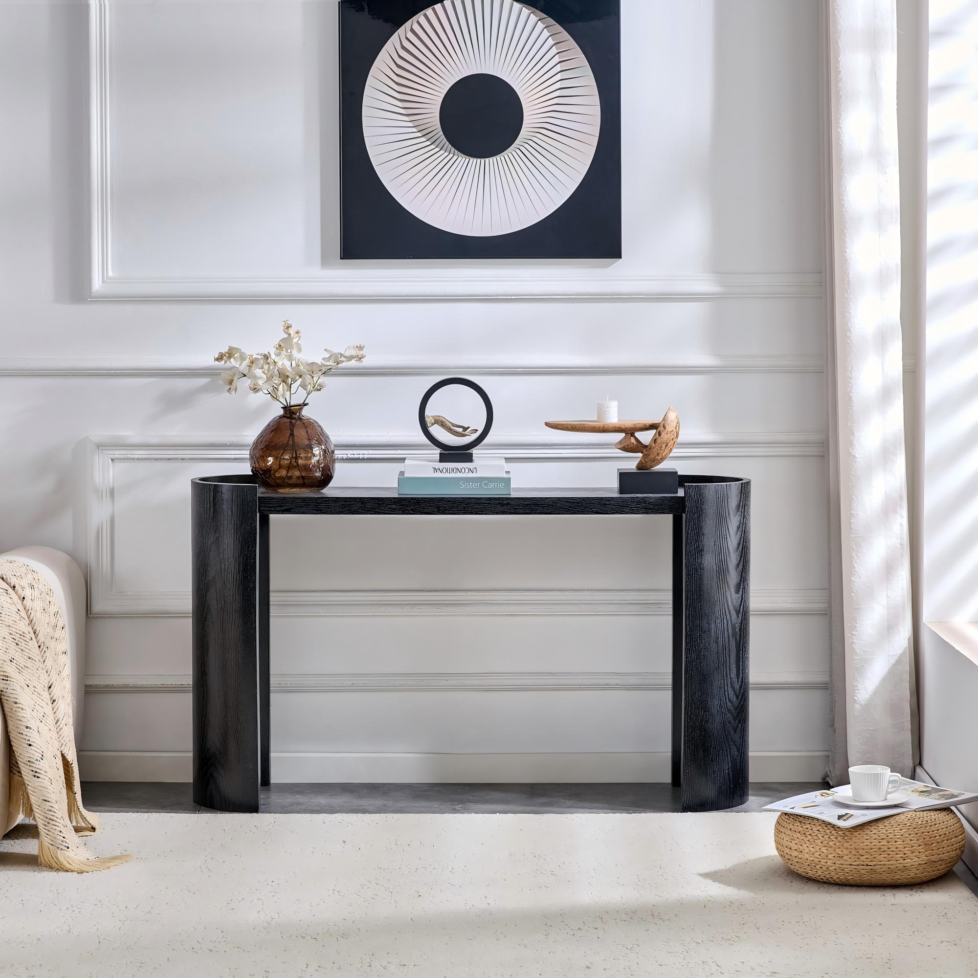 Black Curved Foyer Table, Wood Grain Minimalist Entrance Side Table