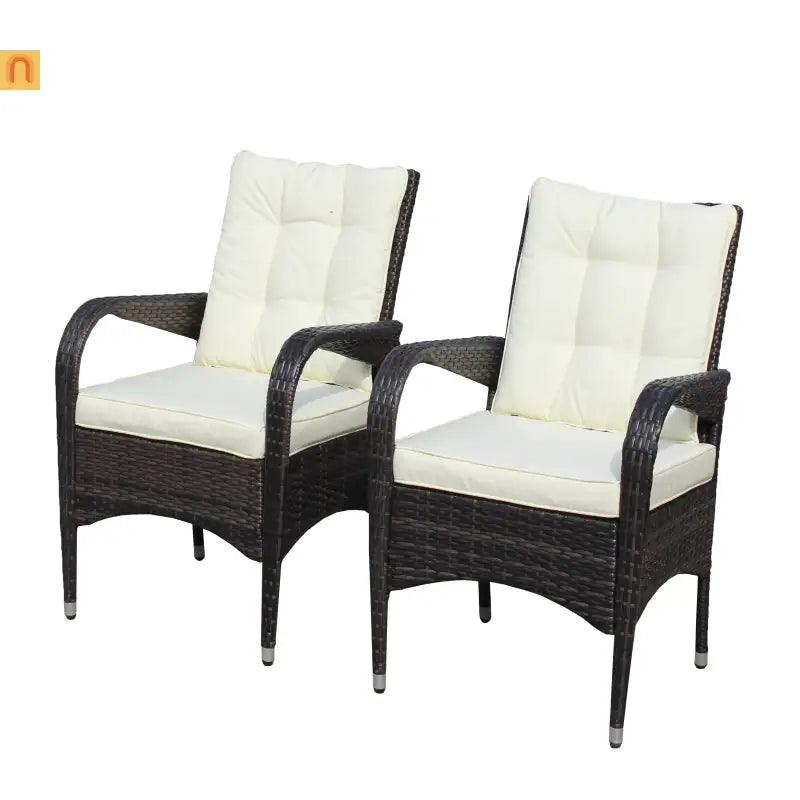 Outdoor Dining Chair PE Rattan Brown Beige Cushion 300 lb Set of 2