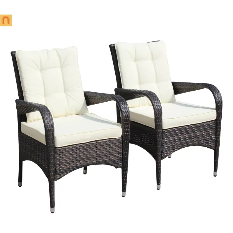 Outdoor Dining Chair PE Rattan Brown Beige Cushion 300 lb Set of 2