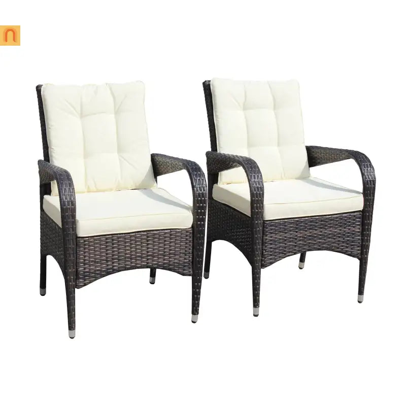 Outdoor Dining Chair PE Rattan Brown Beige Cushion 300 lb Set of 2