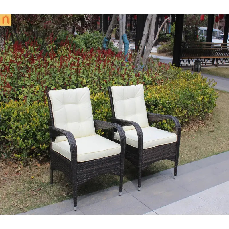 Outdoor Dining Chair PE Rattan Brown Beige Cushion 300 lb Set of 2