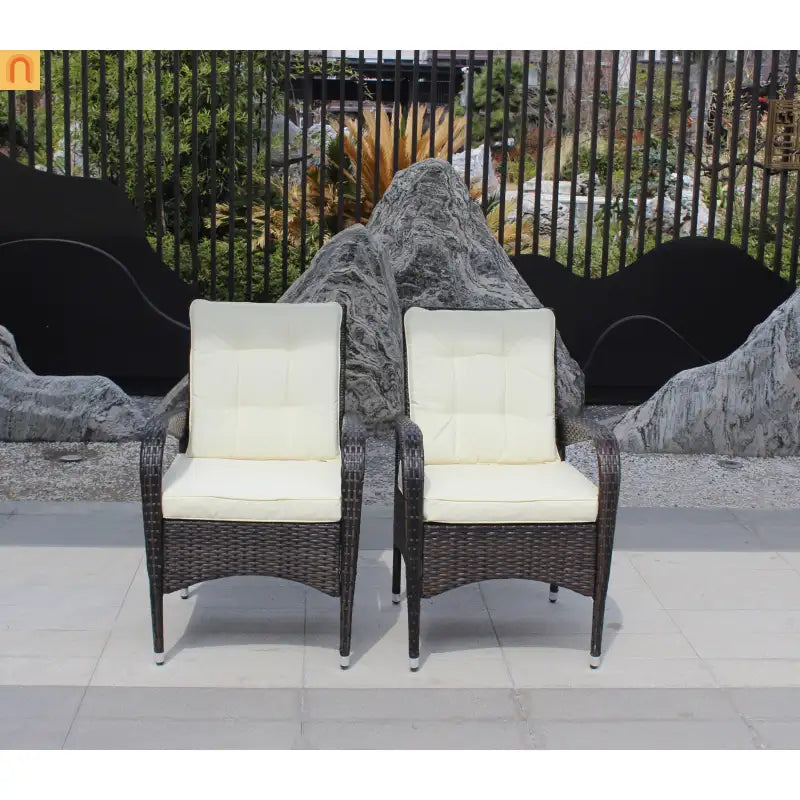 Outdoor Dining Chair PE Rattan Brown Beige Cushion 300 lb Set of 2
