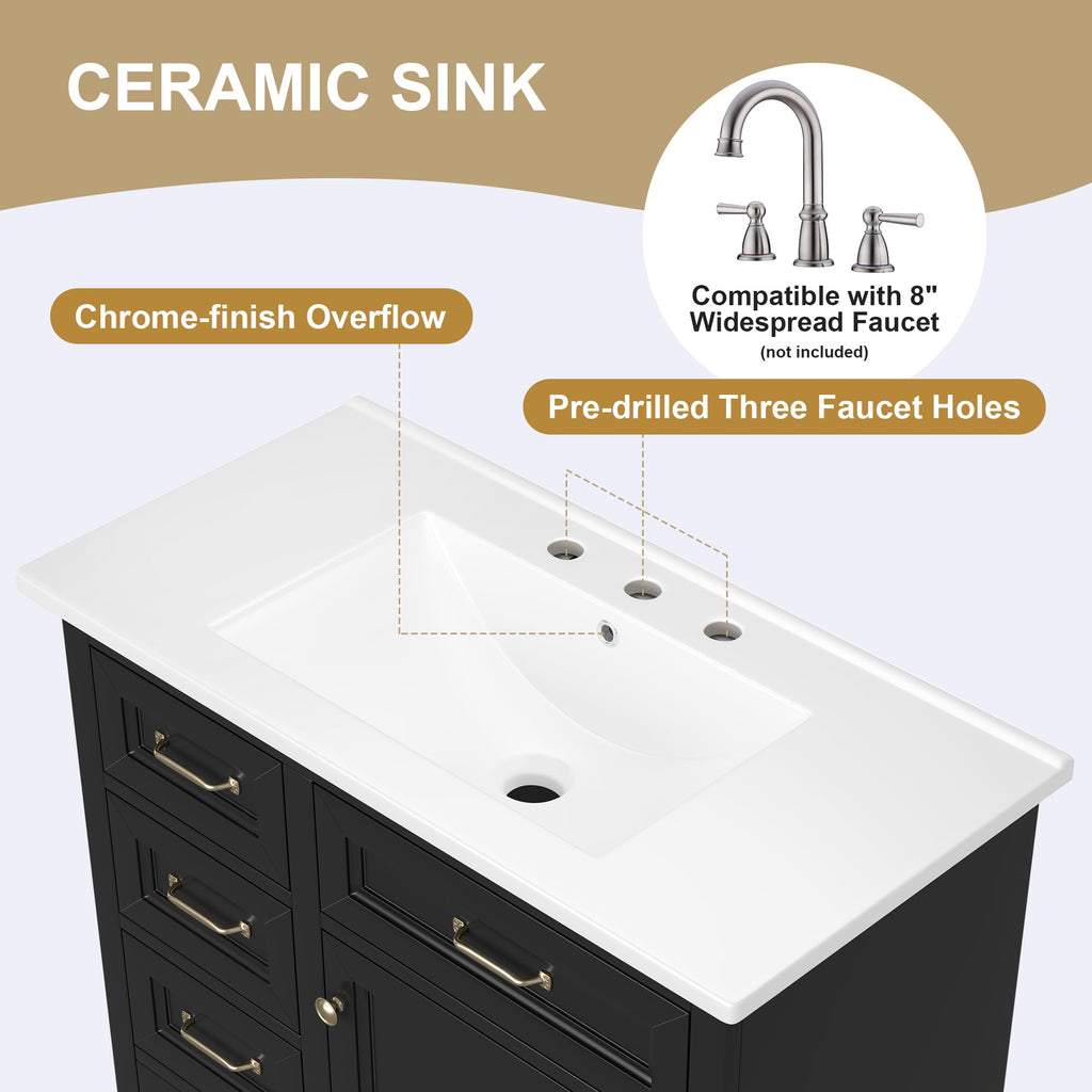 36-Inch Bathroom Vanity with Ceramic Sink Top, 4 Drawers and 1 Soft-Close Door