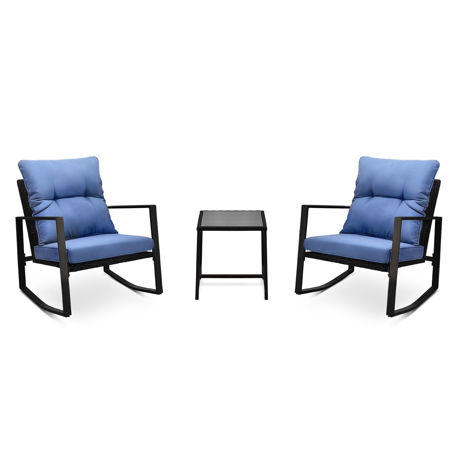 Outdoor Bistro Set Wicker Iron Blue 3 Piece Rocking Chairs Cushions Seats 2