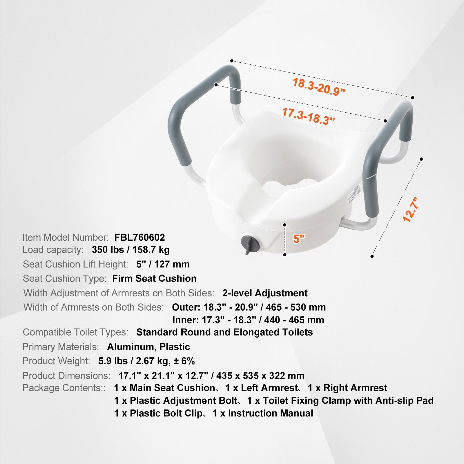 Raised Toilet Seat 5 In Height Padded Armrests Adjustable Twist Lock 350 LB