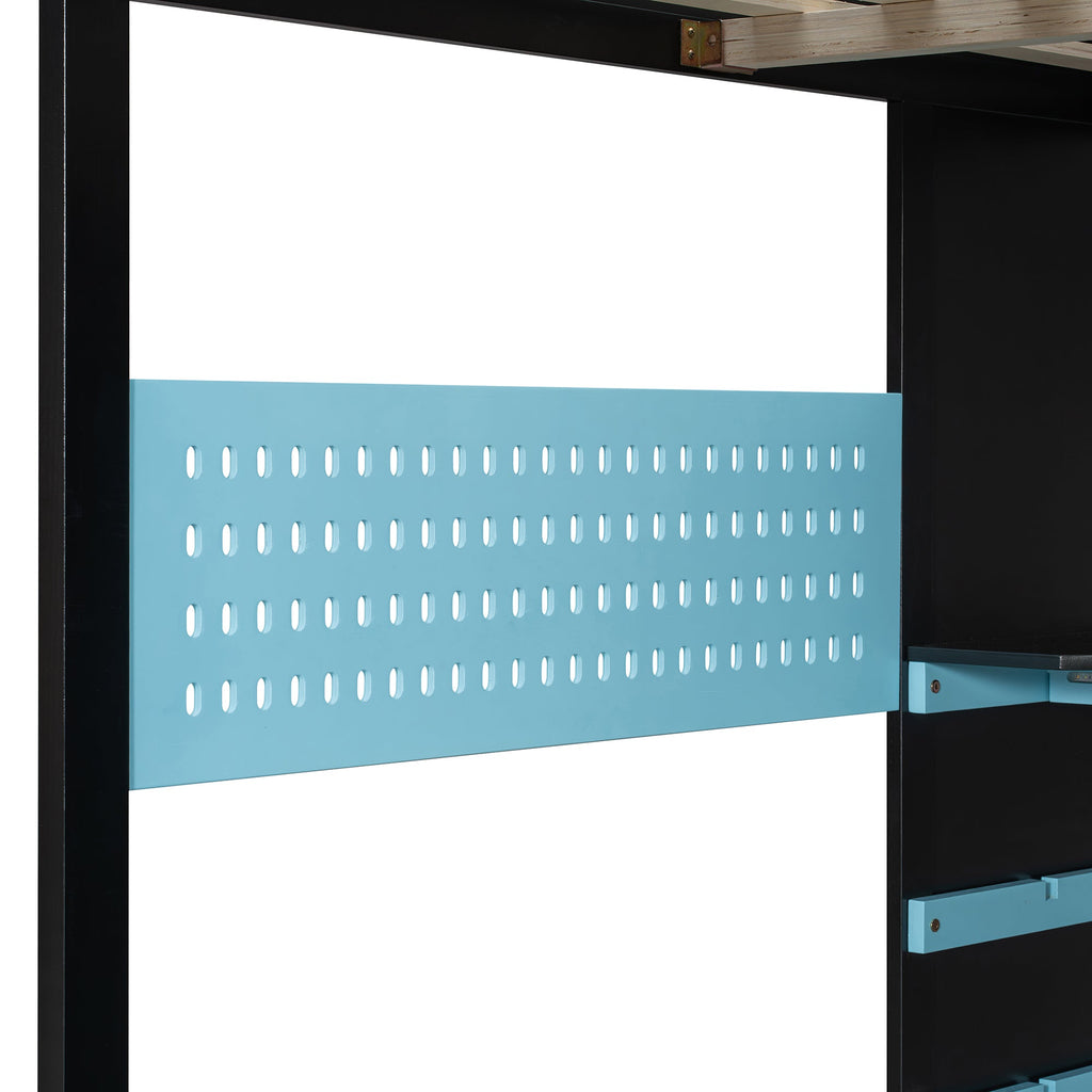 Full Size Wood Loft Bed with Desk, Multi-storage Shelves, USB and RGB Light