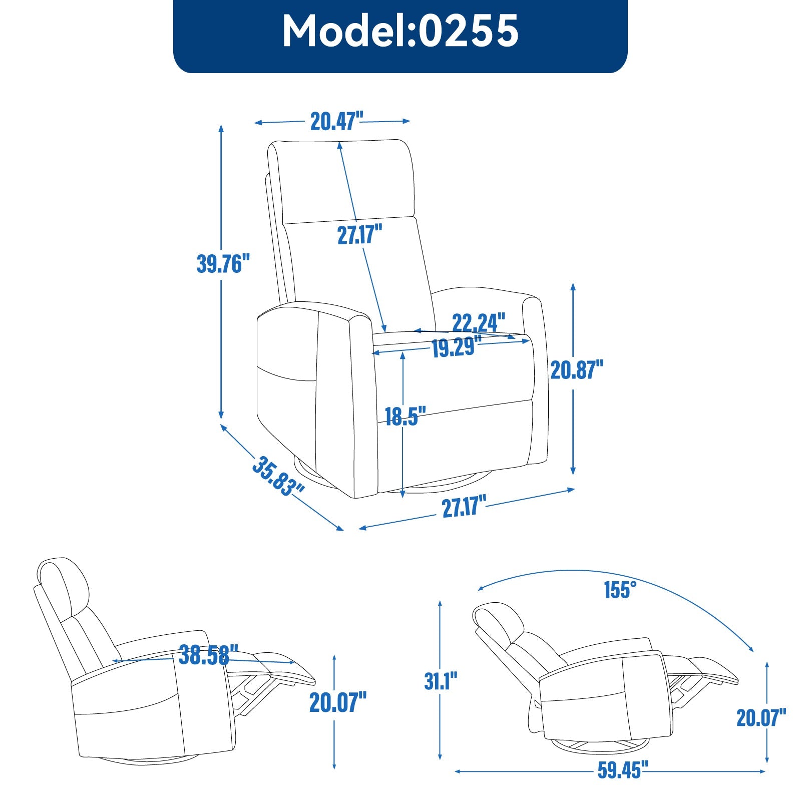 Recliner Chair Swivel Rocker Polyester Orange 360 Degree Heat Massage 155