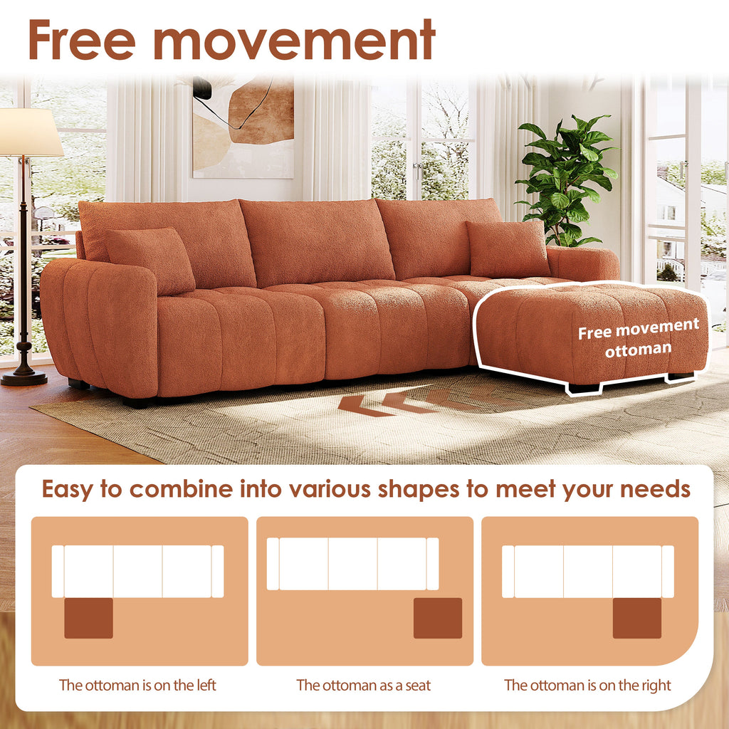 Sectional Sofa L-Shape Boucle Orange 4 Seat Ottoman 110 In
