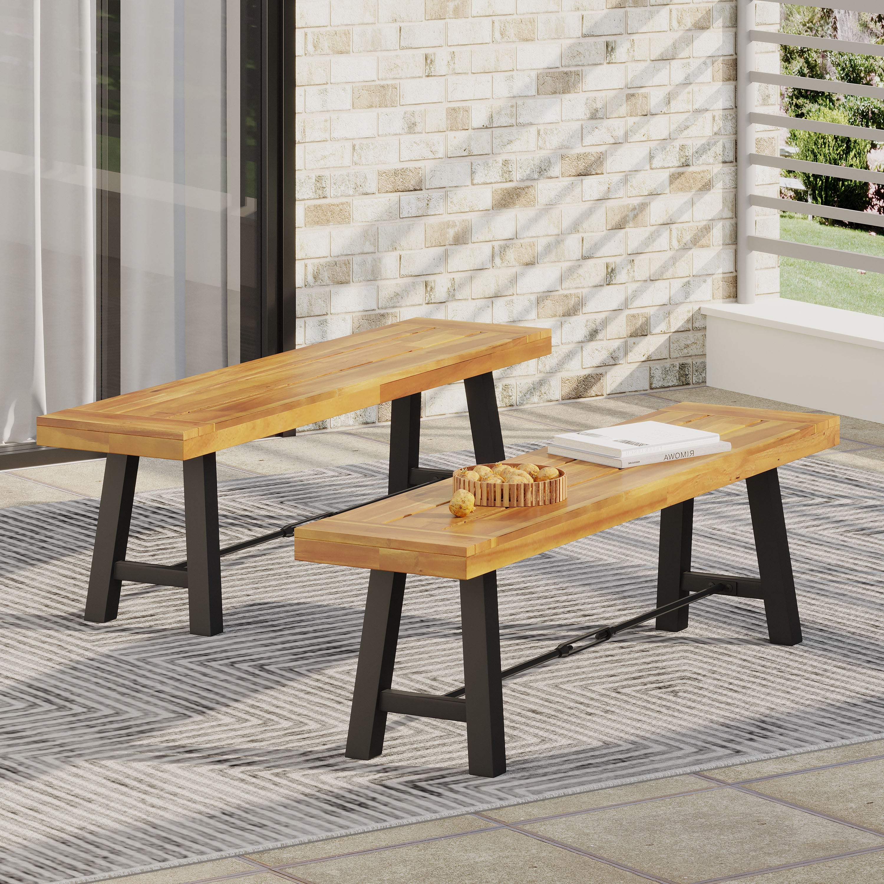 Outdoor Bench Acacia Wood Teak Slat Design Weather-Resistant 63x14.5x17.75 In