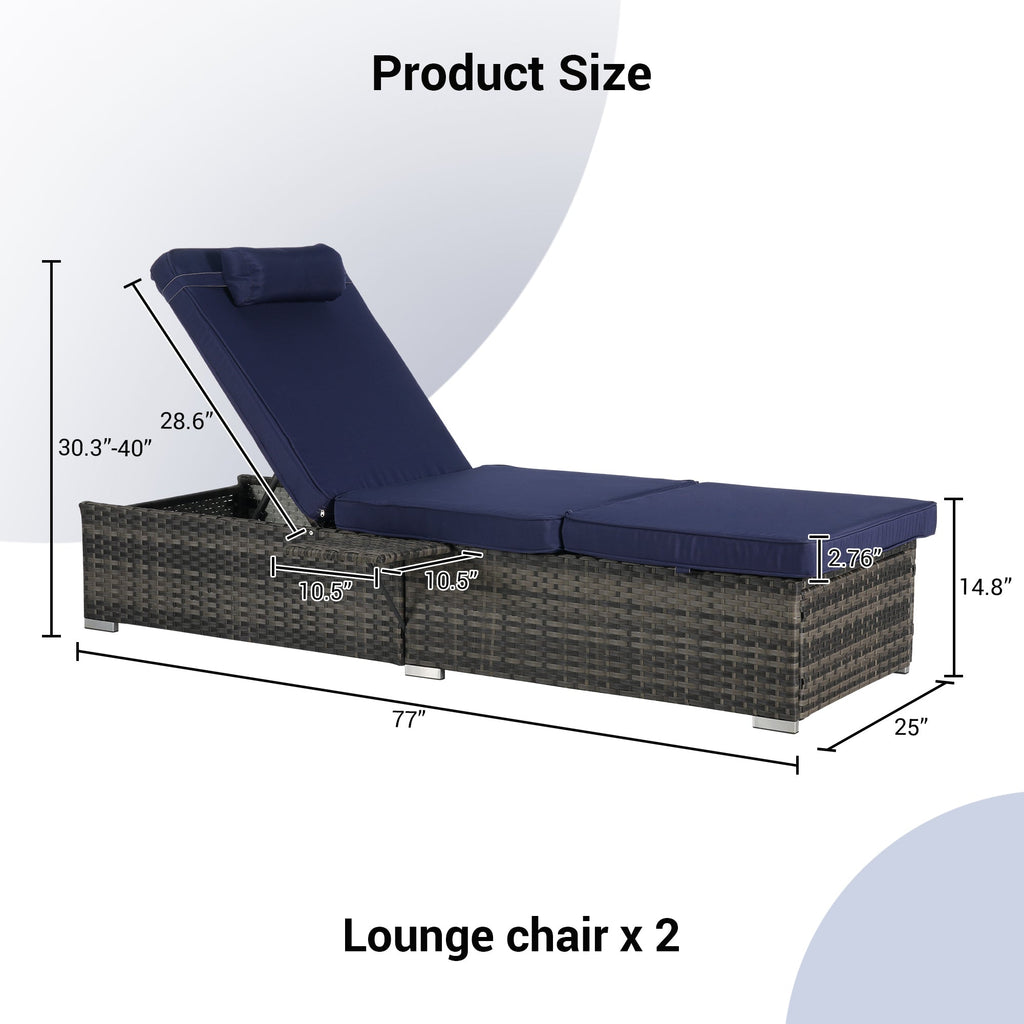 Outdoor Chaise Lounge Chair Set of 2, Rattan Storage Patio Pool Chairs with Cushion